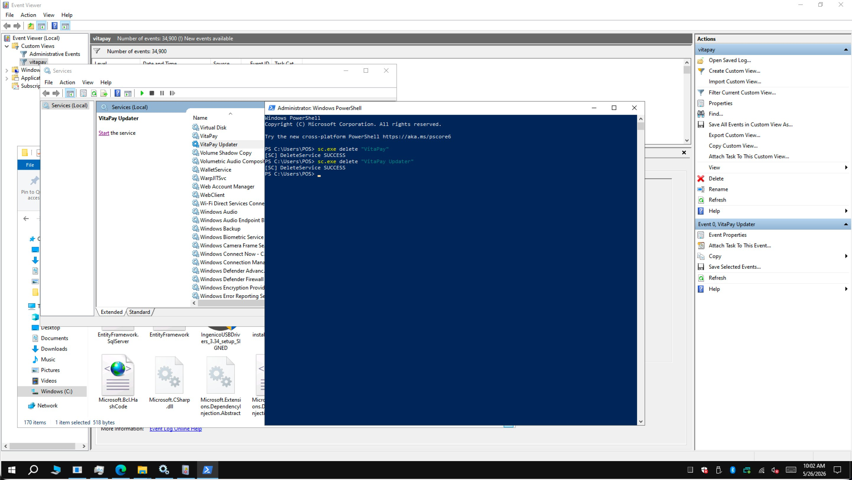 Stopping the two payment services and deleting them in PowerShell