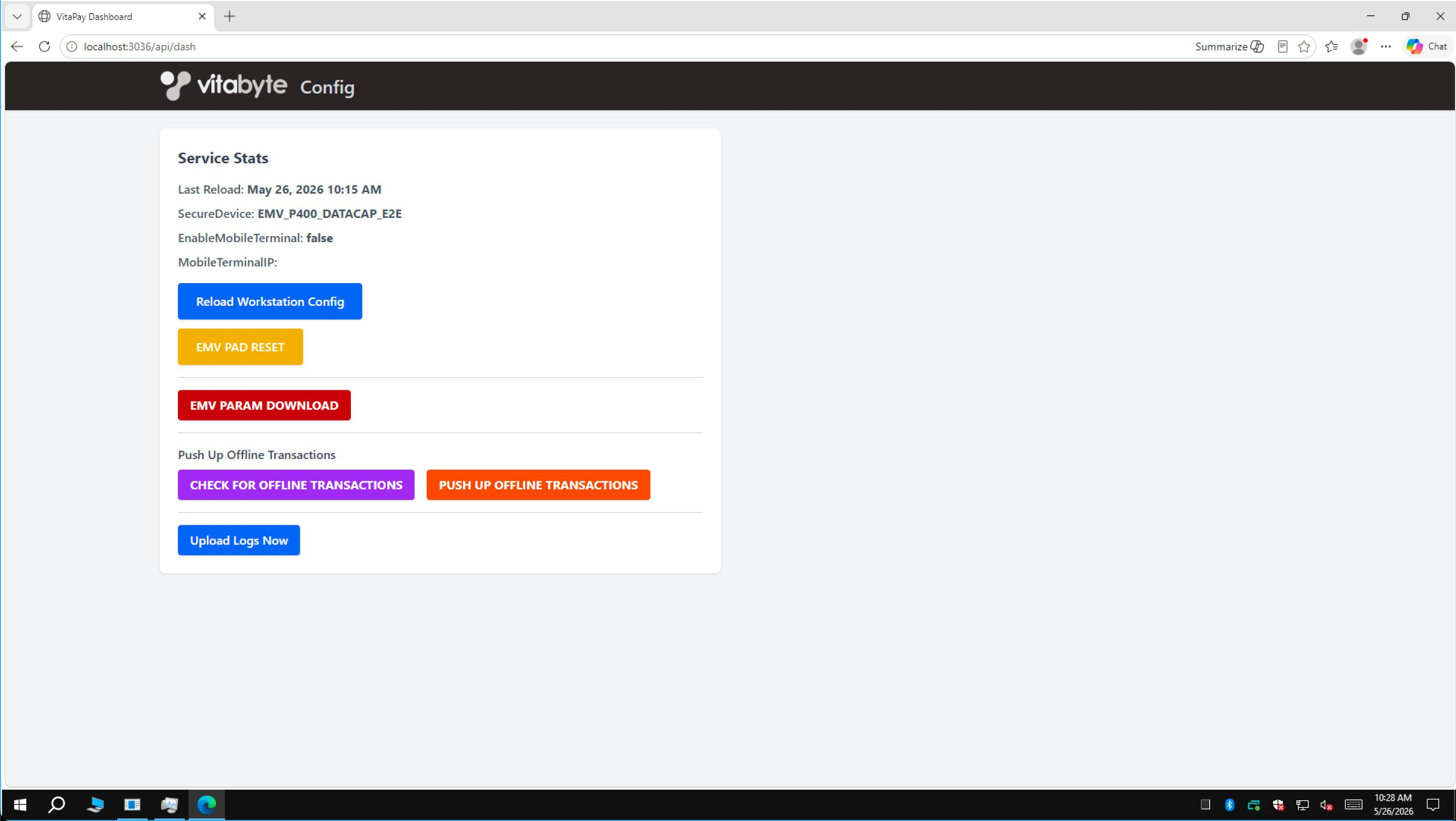 The config dashboard after a successful reinstall